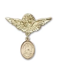 14K Gold Baby Badge with St. Walburga Charm and Angel with Wings Badge Pin