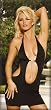 Sexy Lycra Halter Style Mini Dress with Deep V Front and Rhinestone Applique. Ties Around the Neck. Sizes Small, Medium, Large, 1X, 2X or 3X in Black.