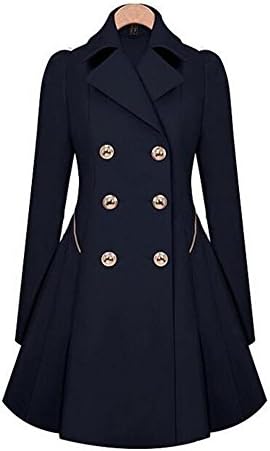 Womens Solid Color Slim Lapel Long Sleeves Double-breasted Coat with Pleate Hem (XXL, Navy)