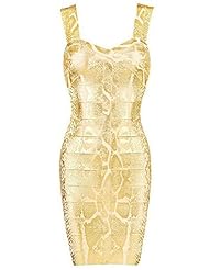 Apparel: YFFaye Womens Snake Woodgrain Foil Print Bandage Dress in Gold S