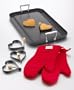 All-Clad Nonstick Grande Griddle with 2 Red Oven Mitts and 4 Heart Shaped Pancake Molds