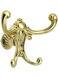 Solid Brass Hall Tree Double Hook with 4 Prongs in Unlacquered Brass.