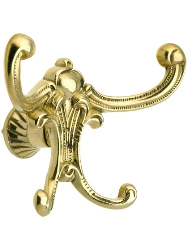 Solid Brass Hall Tree Double Hook with 4 Prongs in Unlacquered Brass.
