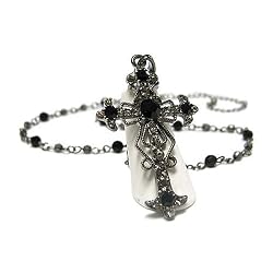 Burnished Silver Black Crystal 2" Cross Pendant Necklace Fashion Jewelry