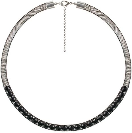 Lijumo Nylon Mesh Black Short Necklace with Dark Grey Swarovski Crystal Glass Pearls