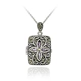 Sterling Silver Amethyst Flower Marcasite Locket Necklace, 18