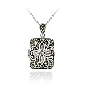 Sterling Silver Genuine Amethyst Flower Marcasite Locket Pendant