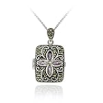 SAVE $20.01 - Sterling Silver Genuine Amethyst Flower Marcasite Locket Pendant $34.99