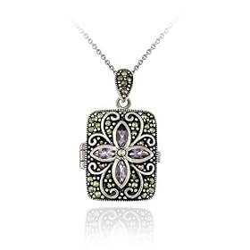 Sterling Silver Genuine Amethyst Flower Marcasite Locket by SilverSpeck.com