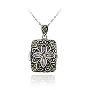 Sterling Silver Genuine Amethyst Flower Marcasite Locket Pendant by