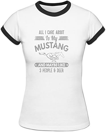 Keeky Women's Crew Neck All I Care About is My Mustang Ringer T-shirt M White