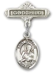 Sterling Silver Baby Badge with St. Andrew the Apostle Charm and Godchild Badge Pin