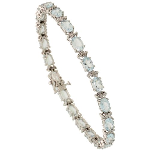 10k White Gold 7 in. Eternity Tennis Bracelet, w/ Brilliant Cut Diamonds & Oval Cut (6×4mm) Aquamarine Stones, 3/16 in. (5mm) wide