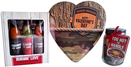 Valentines Day Red Neck Gift Set Includes Camo Chocolate Heart, Burnin Love Hot Sauce, and Too Hot to Handle Chili