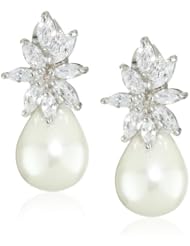 CZ by Kenneth Jay Lane "Tahiti" Rhodium-Plated Cluster Cubic Zirconia and Simulated-Pearl Post Earrings