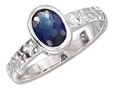 Sterling Silver 4x6 Bezel Set Oval Simulated Sapphire with Arrow Pattern Shank Ring
