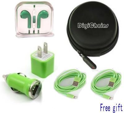 DigiChains? 5-in-1 Earphone/cable Hard Case/Bag + earphone + Wall Charger + Car Charger+ 1M Length USB Sync Data / Charging White Cable for iPhone 5 / 5C / 5S iPad Mini iPod Touch 5th Gen