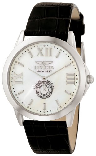 Invicta Men's Slim Swiss Quartz Mother-of-pearl Black Leather Strap Watch 6366