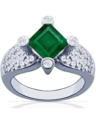 18K White Gold Princess Cut Emerald Ring With Sidestones