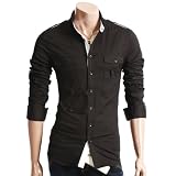 DOUBLJU Mens Casual Long Sleeve COOL designed shirt(AJ02)-BLACK-Asian-M