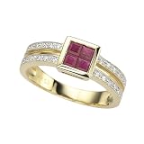 14K Yellow Gold 1/7 ct. Diamond with 3/8 ct. Square Shaped Ruby Ring