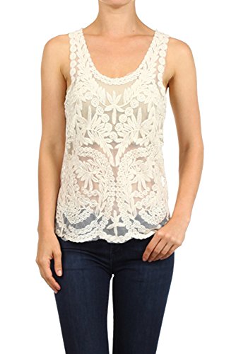 BFF Clothing Womens Floral Sleeveless Crochet Tank Top Natural