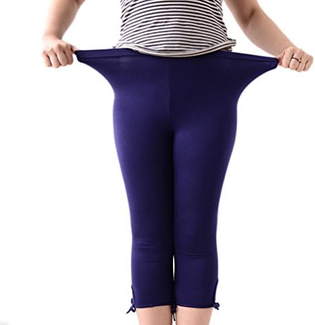 Patanha Women's Modal Plus Size Basic Solid Color Bow Capri Leggings Dark Blue