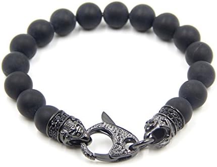Men's Onyx Bracelet Semi Precious Stone Onyx Skull and Bones 8.5 Inch Black Rhodium Plated Clasp High Quality Steel Constructed with High End Lobster Clasp