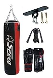 New 5ft Black/Red Rexion Leather boxing punchbag , punch bag with ceiling hook skipping rope & FREE Gloves