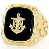 10k Solid Yellow Gold Nugget Onyx Anchor Mens Ring