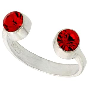 Ruby-colored Crystals (July Birthstone) Adjustable (Size 2 to 4) Toe Ring / Baby Ring in Sterling Silver, 3/16