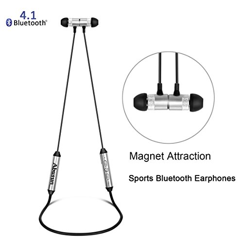 Abusun V4.1 Stereo Wireless Sports Bluetooth Earphones with Independent Battery Pack HD Sweatproof Bluetooth Headset Earbuds for iPhone Samsung Galaxy Sony HTC and more-Silver
