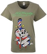Ed Hardy Womens Rhinestone T-Shirt Skull and Dagger Tattoo Olive