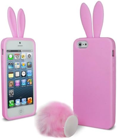 DE New Fashion 3D Cartoon Animal Pink With Removable Furry Tail Holder Stand Rabito Rabbit Long Ear Design Style Soft Rubber Case Cover Shell Compatible for Apple iPhone 5 5G 5th