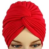 Rosy Red Bunch Pleated Turban Hat Head Cover Sun Cap