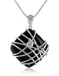 Sterling Silver Wire Wrapped Black Onyx and Diamond Accent Pendant Necklace, 18"