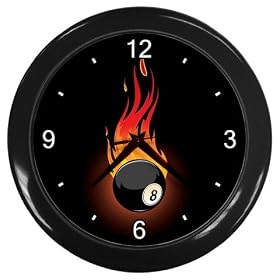 Black Wall Clock of Flaming 8 Ball (Billiards, Pool Table Balls, Magic 8 Ball, Snooker, 9 Ball)