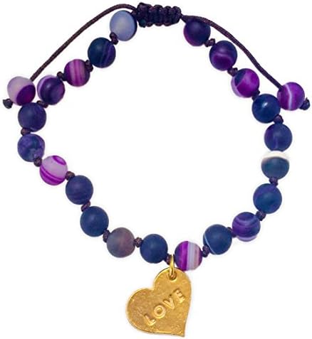Purple Agate Love/Aloha Adjustable Bracelet, Gold Tone Heart Charm