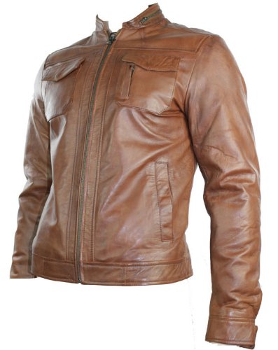Mens Real Leather Jacket Biker Style Tan Brown Zipped Design Casual Fitted Retro Bestseller