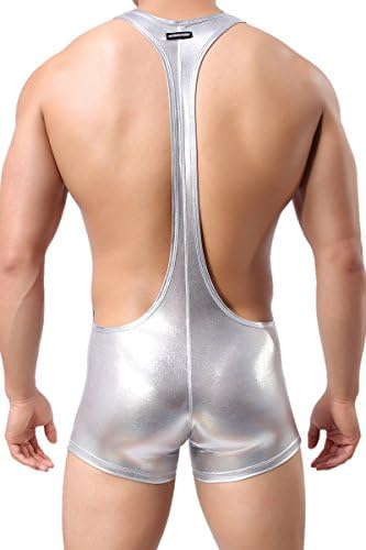 Men's Underwear Sexy Leotard Jump Suit Bodywear Lingerie Wrestling Dress (M, silver)