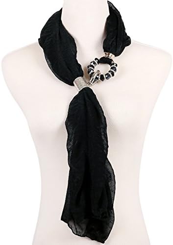Seafire Women Fashion Infinity Jewelry Charm Necklace Scarf with Crystal Buckle Pendant Design Pure Shawls (Black 396-2)