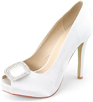 SHOEZY Womens Satin Peep Toe High Heels Wedding Shoes Platform Office Crystal Buckle Court Pumps White US 6 EU 39