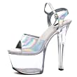 7 Inch Women's Sexy High Heel Shoes High Platform Evening Shoes Silver Hologram Sandal