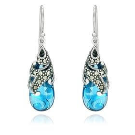 Sterling Silver Marcasite & Blue Glass Teardrop Earrings