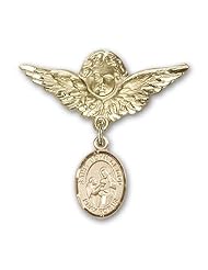 14K Gold Baby Badge with St. John of God Charm and Angel with Wings Badge Pin