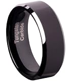 Tungsten Carbide 8 mm (5/16 in) Comfort Fit Flat Wedding Band Ring w/ Black Brushed Center & Silver Beveled Edge (Available in Sizes 8 to 11)