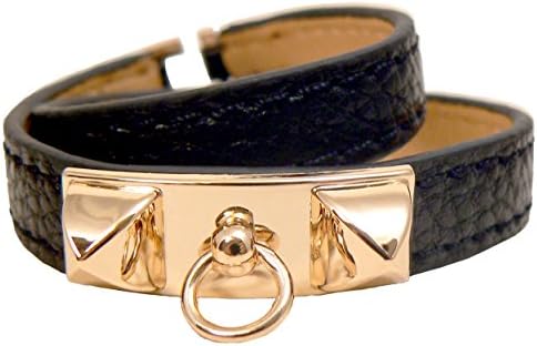 HM0302 Gold Pyramid BLACK leather double tour bracelet