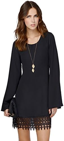 Women's Long Flare Sleeve Lace Hem A-Line Double-Layer Mini Dress