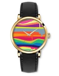 SPRAWL Aanalog Fashion Series Gold Ladies Watches of Genuine Black Leather Strap,Unique Wrist Watch for Women Girls Designed with melted Painting