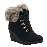 Damen Schuhe Damenstiefel Keilstiefeletten Schnürstiefeletten Schnür Stiefel Stiefeletten mit Fell-Schaft 38 schwarz